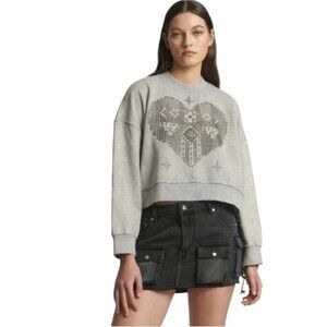 One Teaspoon Studded Heart Cropped Sweatshirt Grey Marl Medium EUC
